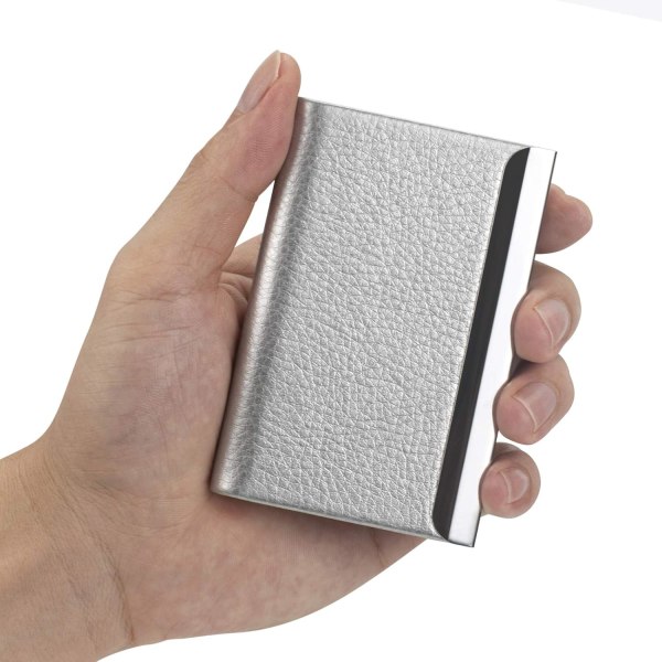 Visittkortholder, luksus visittkortveske i PU-skinn - Lommebok kredittkort-ID-veske, slank metalllommekortholder med magnetlås (sølv)