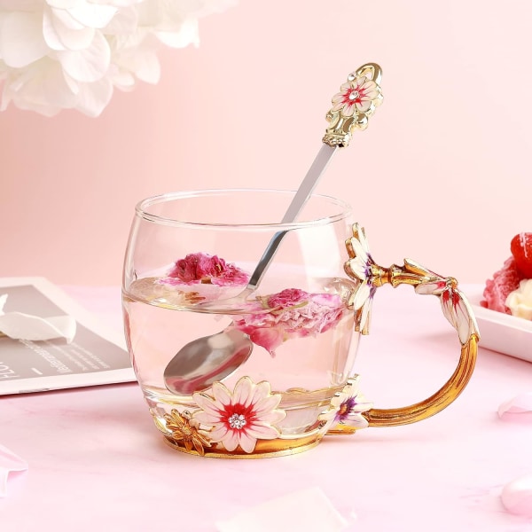 Födelsedagspresenter för glas Blomma Tekopp Kaffemugg Personliga presenter för kvinnor Jubileum Alla hjärtans jul mors dag