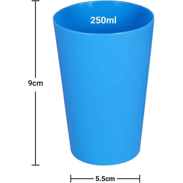 24 kpl uudelleenkäytettävät muovikuppia, 250 ml kestävä muovinen juomakupisarja lapsille (6 kirkasta väriä)