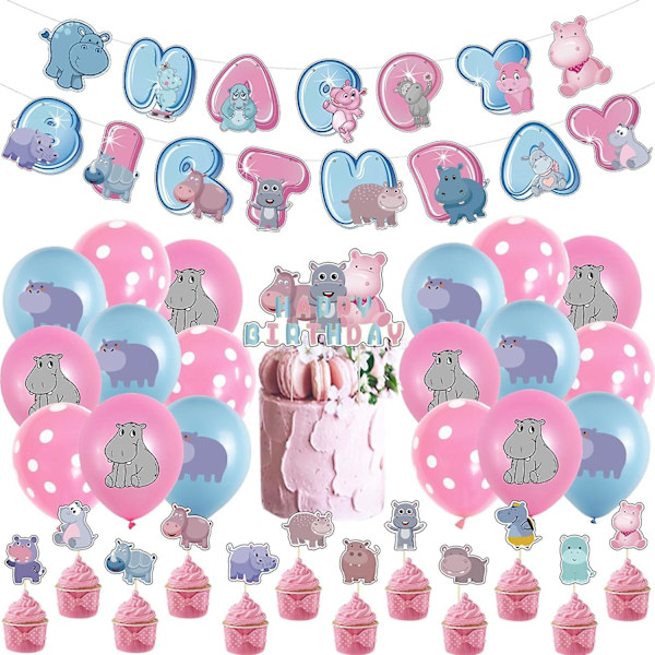 Hippo födelsedagsfest dekorationer söta flodhäst fest dekorationer inkluderar Happy Birthday banner ballonger tårtdekoration cupcake toppers tecknad flodhäst födelsedagsfest