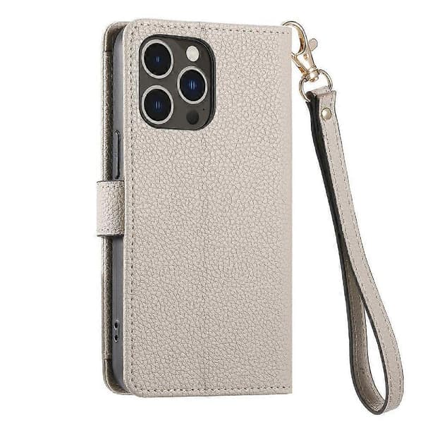 Etui til iPhone 14 Pro Wallet Love Lynlås Læder Etui Lanyard Silver