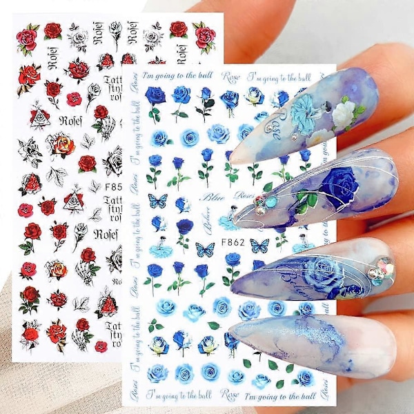 9 ark Forår Rød Rose Neglekunst Klistermærker Mærkater Selvklæbende Blå Hvid Gul Pink Blomster Blomsterdesign Manicure Tips