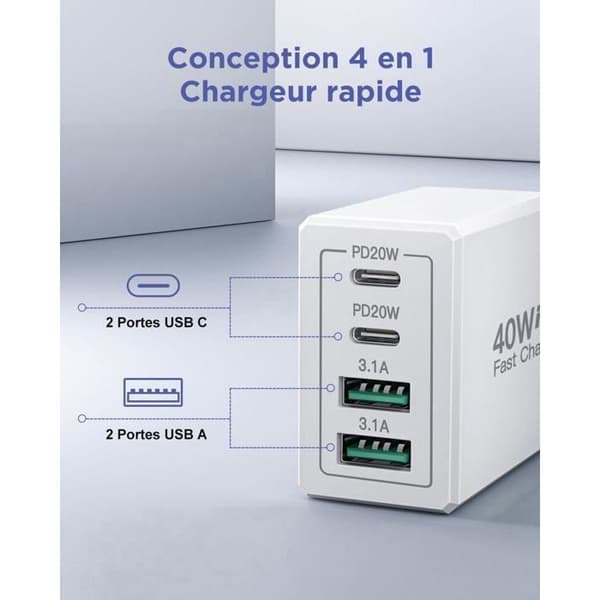 40W USB-C hurtigoplader til iPhone (inkluderer 2m USB-C-kabel); universalstik til iPhone, Samsung Galaxy, iPad, AirPods.