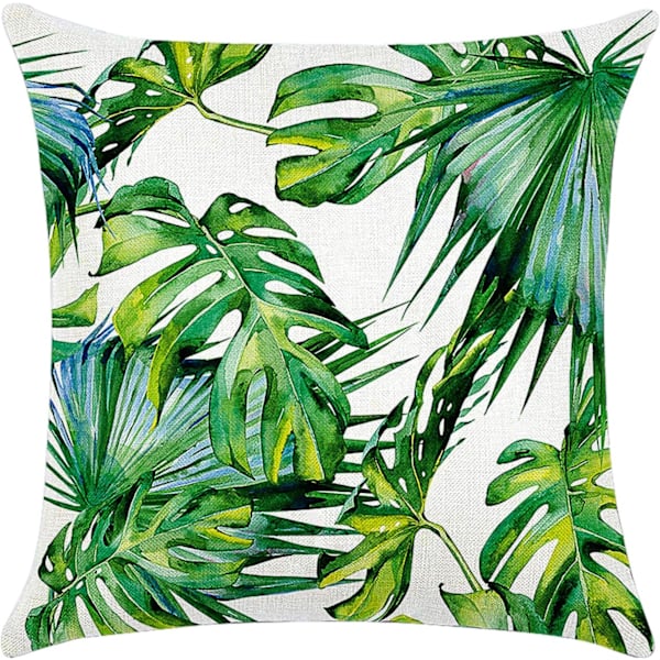 Putetrekk 45 x 45 cm, sett med 4 putetrekk i bomull og lin, putetrekk for sofa, hageseng, sofa, puter (Blad-4)