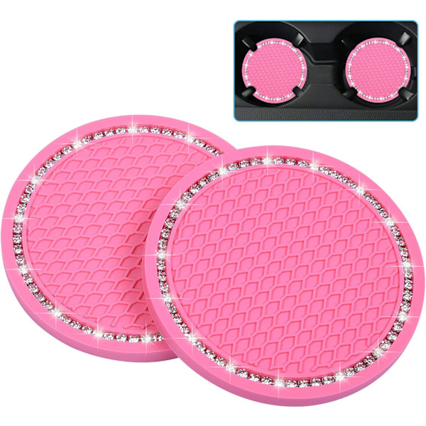 Bling Car Coasters, 2-pack PVC Car Cup Holder Auto Insert Coaster - Anti Slip Universal Vehicle Interior Girly Car Accessories (2.75\" Diameter) Rosa