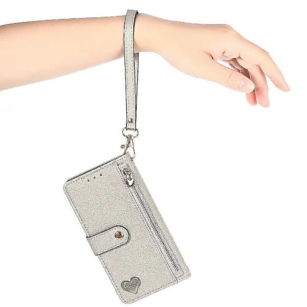 Etui til iPhone 14 Pro Wallet Love Lynlås Læder Etui Lanyard Silver