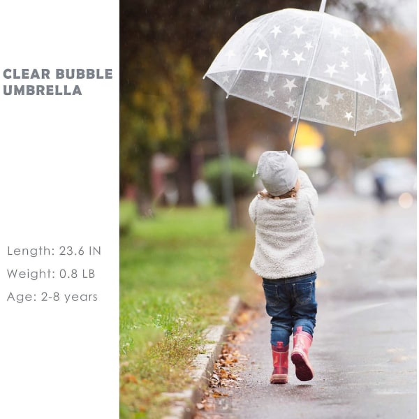 Klar og gjennomsiktig paraply for barn med grepsvennlig håndtak, Dome Bubble Paraply, vindtett for barn, gutter og jenter, små stjerner