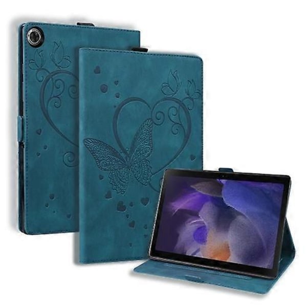 Samsung Galaxy Tab A9:lle suunniteltu nahkainen tabletin suojakotelo, jossa on rakkausperhonen-reliefikuvio Blue