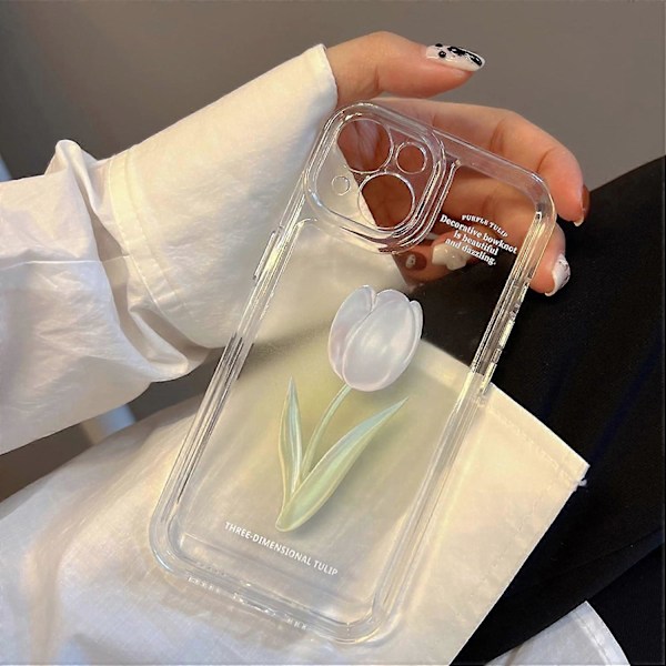 Blommig Mobilskal Kompatibelt med iPhone 12, Sött Estetiskt Klart Tulpan Mobilskal för Kvinnor Flickor Clear Tulip iphone 14 plus case