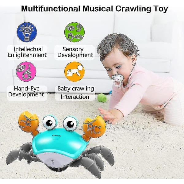 Krabbe-babylegetøj med musik og led-lys, mave-time-legetøj vil automatisk undgå forhindringer, der guider baby til at kravle