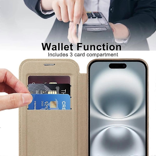 iPhone 16 Plus -kuori, yhteensopiva MagSafe-latauksen kanssa, RFID-suojattu nahkainen puhelinkuori - Kulta