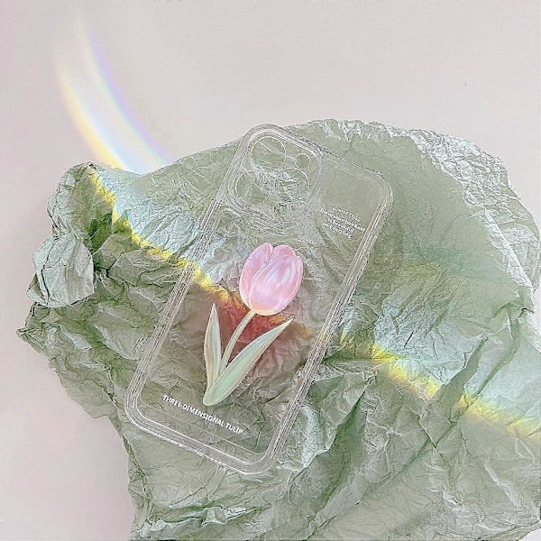 Blommig Mobilskal Kompatibelt med iPhone 12, Sött Estetiskt Klart Tulpan Mobilskal för Kvinnor Flickor Clear Tulip Pink iphone 12 pro case