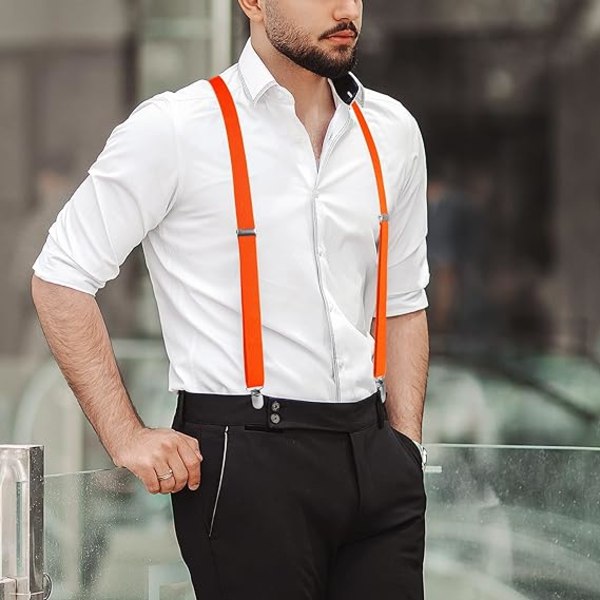 Hängslen för män med 4 clips X-form, justerbara elastiska hängslen för herrbyxor, hängslen för män för bröllop Business Casual hängslen (orange)