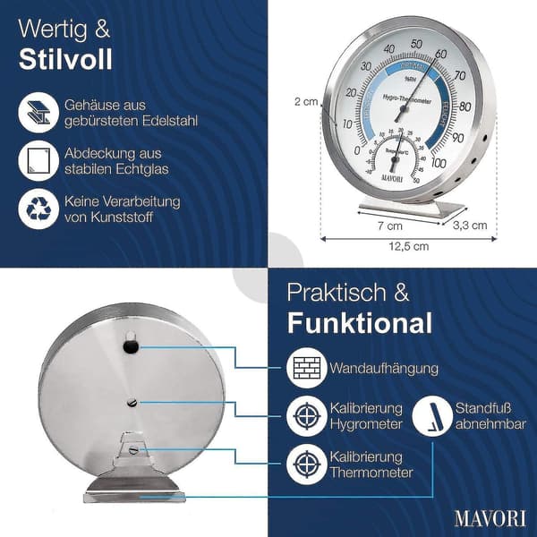 Indendørs Analog Hygrometer Termometer - Høj Kvalitet Rustfrit Stål Fugtighedsmåler og Rumtermometer