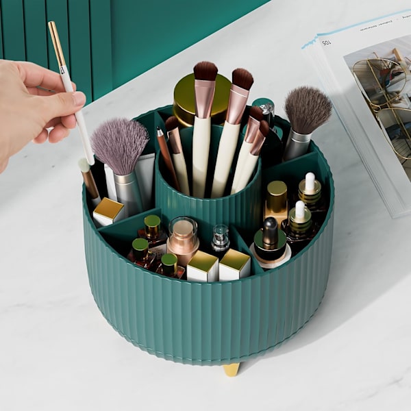 360° roterende penneholder, skrivebordsarrangører med 5 rum blyantsarrangør, kunstforsyningsopbevaringsboks Caddy til hjemmekontorartikler Desktop oprydning Dark Green