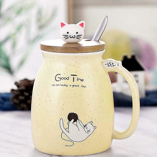 Kattekrus Sød Keramisk Killing Kaffekop med Dejligt Kitty Låg Rustfri Stål Ske til Kaffe Te Mælk 380ML Te Mælk Julekrus til Kvinder (Gul)
