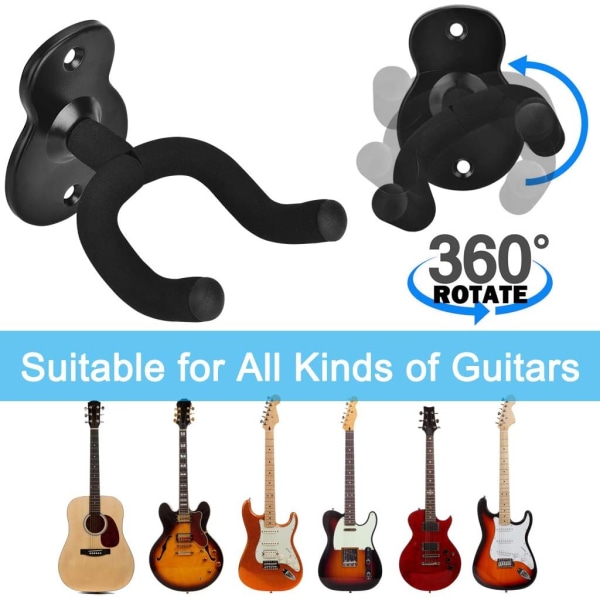 Gitarhenger veggfeste for akustisk gitar, elektrisk gitar, klassisk gitar, bass og ukelele (2 PACK)