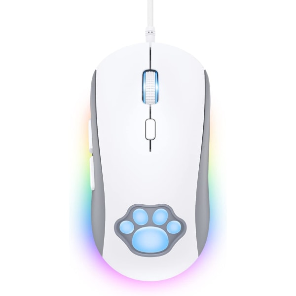 Cat Paw RGB spillmus, stille optiske datamaskinmus USB kablet med 6 justerbare DPI opptil 7200, RGB-belysning, 6 programmerbare knapper, hvit