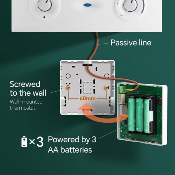 WiFi-termostat til batteridrevne gaskedler, programmerbar 2-leder, Alexa/Google Home-kompatibel, stemmestyring, 3A, hvid vægmontering