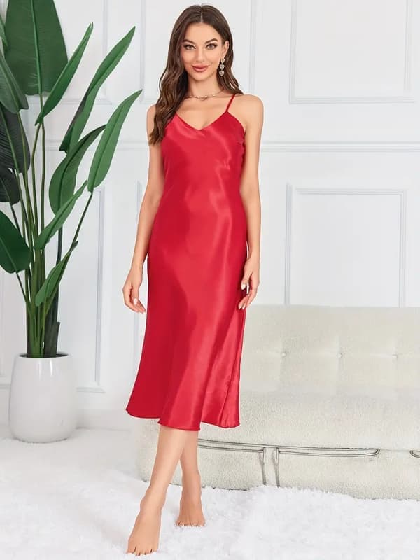 Solid Satin Slip Nattlinne, Elegant V-ringad Rygglös Nattlinne med Spagettiband, Dam Sovkläder & Klänningar Röd Röd L Red L
