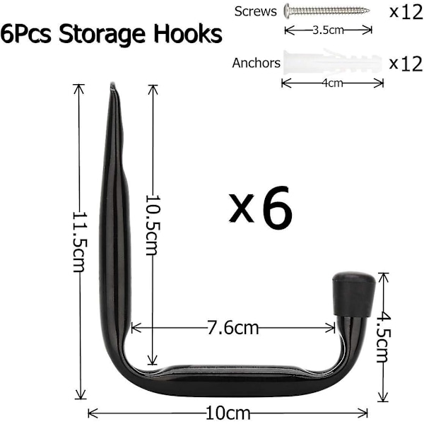 6 stk. Heavy Duty Garage Opbevaring J-Kroge - 11,5 cm X 10 cm