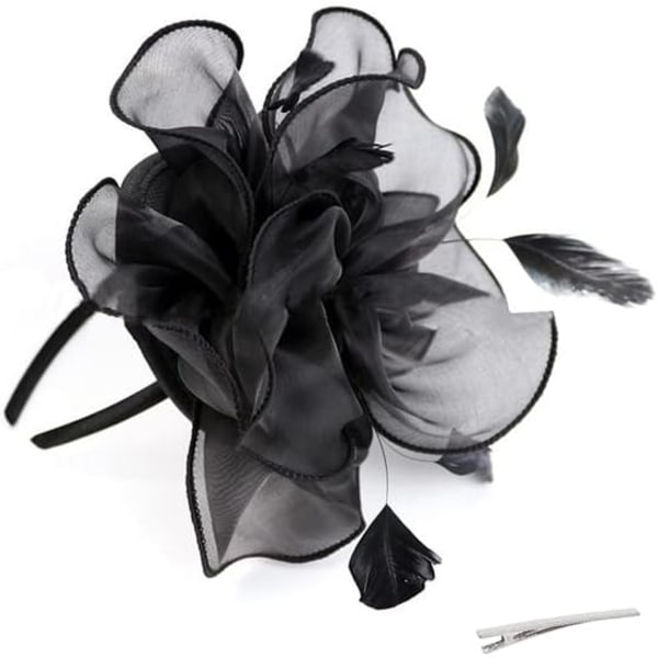 Fjær Fascinators for Kvinner og Jenter Blomst Organza Derby Hat Ascot Hatter Elegant Cocktail Tea Party Hat Hodeplagg med Klips og Hårbånd(Svart)