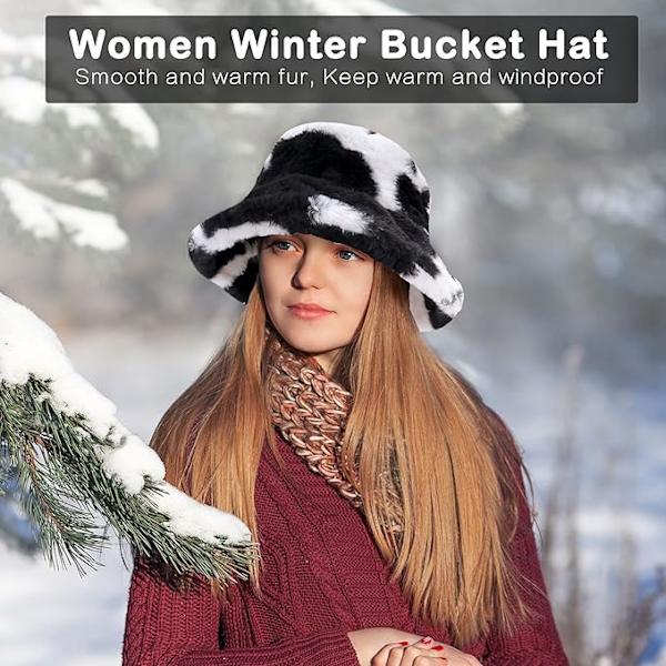 Vinterhinkhatt - Kvinnors fluffig fiskarehatt Mjuk konstpäls Vinterhatt Fuzzy Furry varm hatt Tjock bredbrättad plyschhatt för kvinnor flickor, Ko