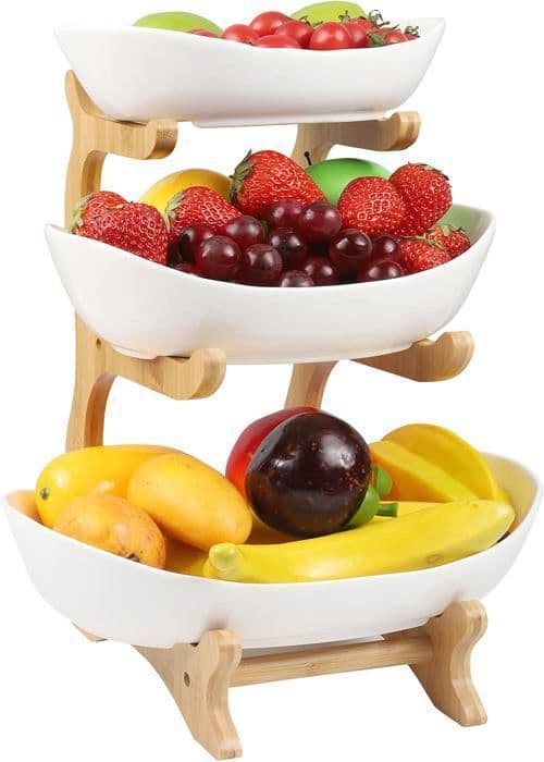 3-lags fruktstativ, fruktkurv med solid trebunn, serveringsbrett for kaker, frukt og desserter