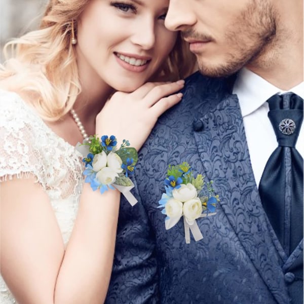 2 stk. håndledsblomster, kunstig bryllupshåndledsblomst og boutonniere sæt brud håndblomst mænd boutonniere til bryllup, hvid og blå