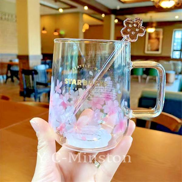 Starbucks Rosa Sakura Färgförändrande Glas Kaffe Mugg Kopp Med Blompinne