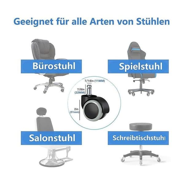 Sett med 5 erstatningshjul 11mm/22mm for kontorstoler til harde gulv, egnet for gamingstoler, svingstoler, etc.