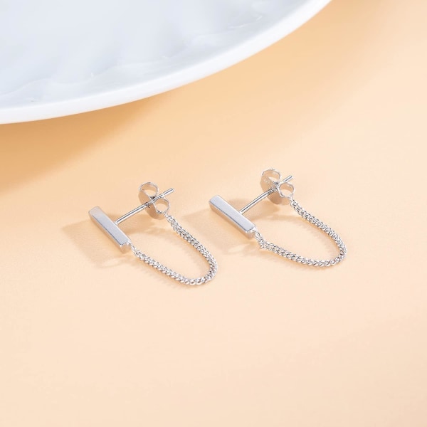 925 Sterling Sølv Stud Øreringe Minimalistiske Bar øreringe med kæde Dingle øreringe til kvinder