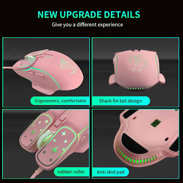 Gaming Mus, 4 farver baggrundsbelyst optisk spilmus ergonomisk USB kablet med 7200 DPI og 6 knapper 4 skydning til computer/Win/Mac/Andriod/iOS (Pink)