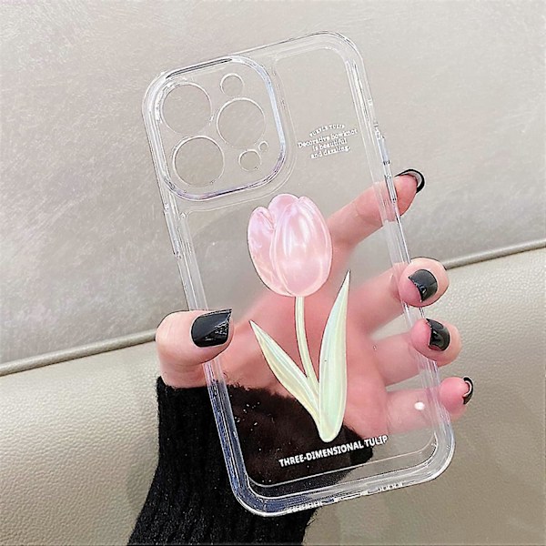 Blommig Mobilskal Kompatibelt med iPhone 12, Sött Estetiskt Klart Tulpan Mobilskal för Kvinnor Flickor Clear Tulip Pink iphone 12 pro case