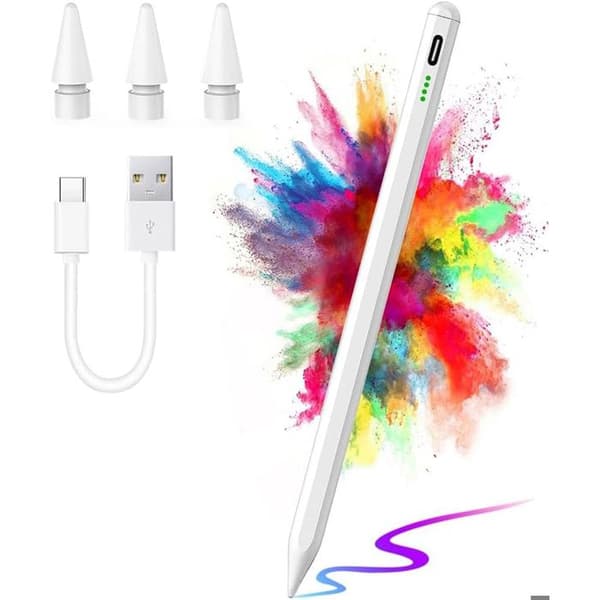 Stylus for Apple iPad (2018–2024) with Magnetic Attachment, Palm Rejection, Tilt Detection, and 3 Replaceable Tips – White