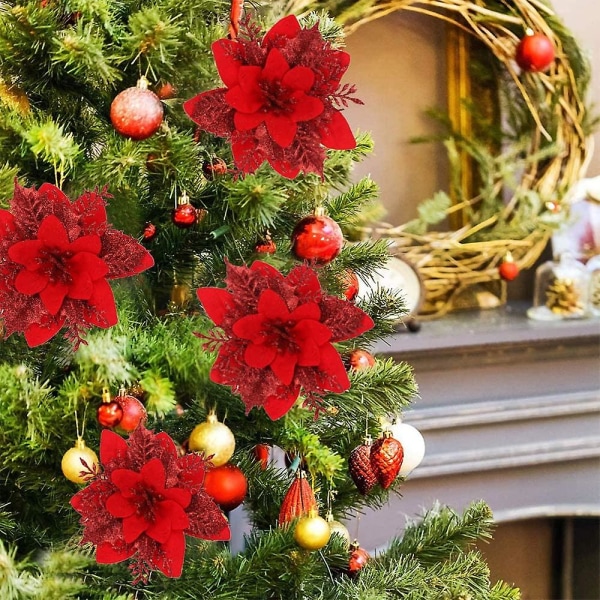 12 kpl joulusimulaatiokukka, joulutähti joulukukka, joulukukka, joulukuusen koristelu, keinotekoiset joulukukat (punaviini)
