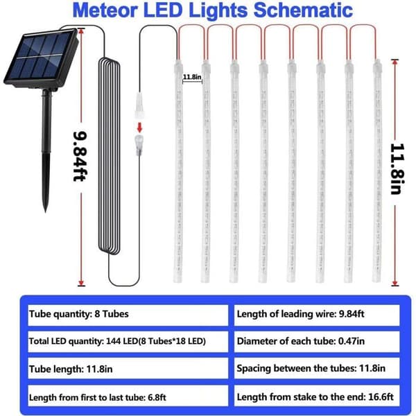 Solcelledrevne Meteorregnlys, IP65 Vanntette Julelys med 30 cm Rør, 8 Rør, 192 LED-er, Blå