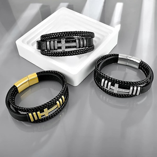 Kors Læderarmbånd til Mænd Kvinder 316L Rustfrit Stål med 18K Guldbelagt Kristus Jesus Krucifiks Håndlavet Armbånd, 7.5/8/9 Tommer Black