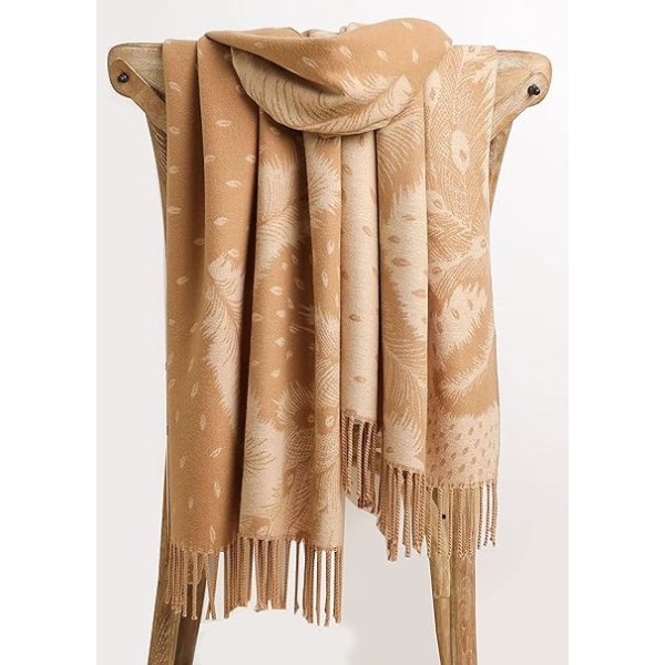 Elegant Imitation Cashmere Style Scarf Or Shawl in Peacock Feathers Design (Khaki)