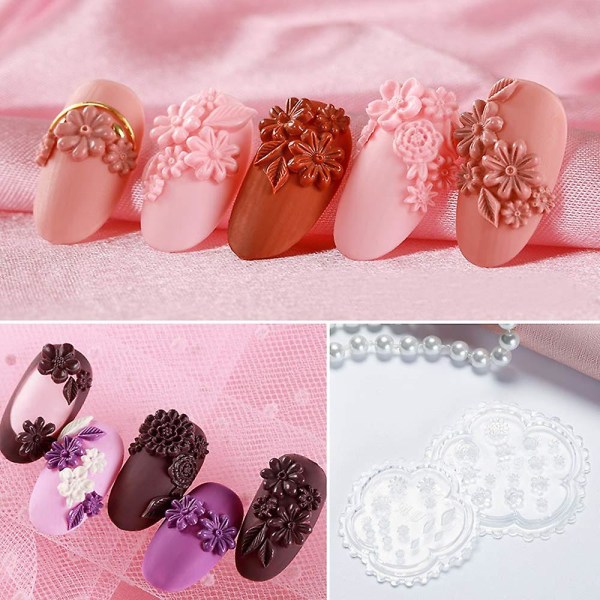 5 stk Blomster 3d Silikon Nail Art Mold, Kompatibel med Nail Diy dekorasjonsverktøy, Nails Art Carving Mold