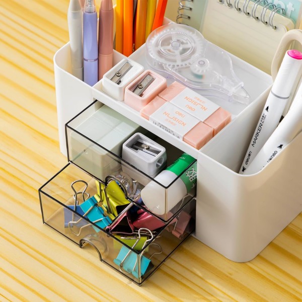 Creative & Simple Desk Organiser, 7 Grids, Plastic Table Organiser with Drawer, Multifunctional Desk Organiser, Pen Holder for School, Office, Home -