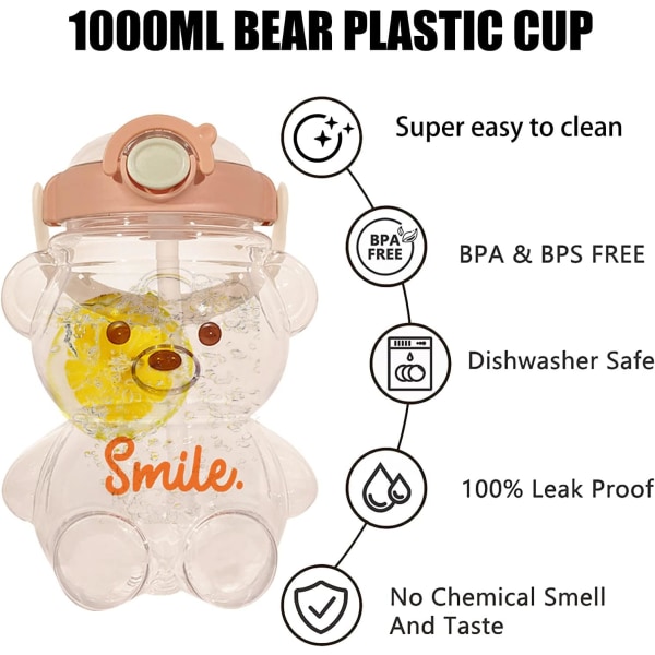 1400ml Kawaii Bear Water Bottle With Straw, Large Bear Shaped Water Bottle With Shoulder Bear Cute Drinking Bottle for School Travel (With Sticker)