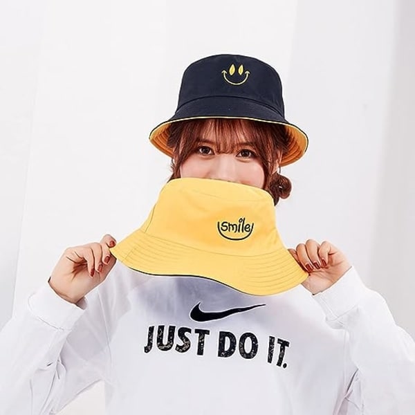 Fiskehatt, Dubbelsidig Bucket Hat, Fällbar Solhatt, Smiley