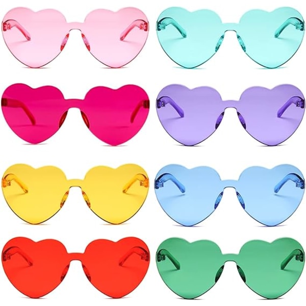 Hjerteformede festbriller, 8 stk Hjertesolbriller uten innfatning Love Hjerteformede briller, Hjerteformede hippiefargede briller uten innfatning for voksne og barn