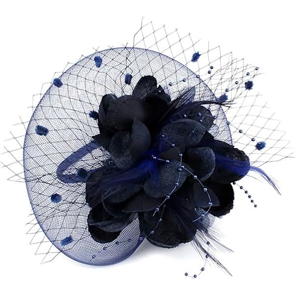 Damer Fascinator Pillbox Hatt Kvinner Blomst Bowler Hatt Fjær Brud Bryllup Cocktail Hatt Hårklipp Fest Hatt Hårtilbehør med Hår Deep Blue
