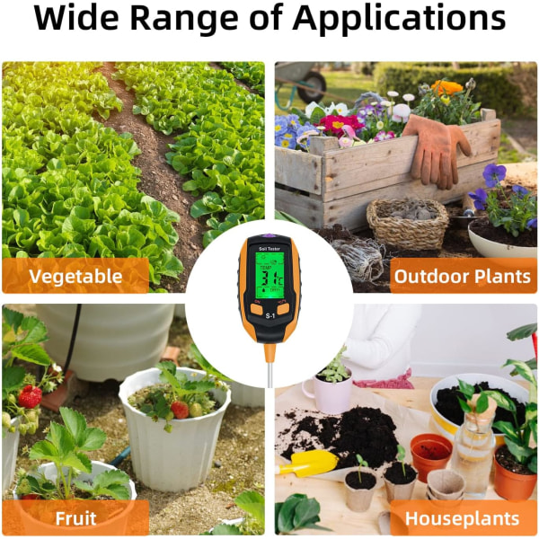 Jordmåler, 4-i-1 Digital Jordfuktighetsmåler med PH/Temperatur/Fuktighet/Lys/Miljøfuktighet for Hage, Plen og Jordbruk