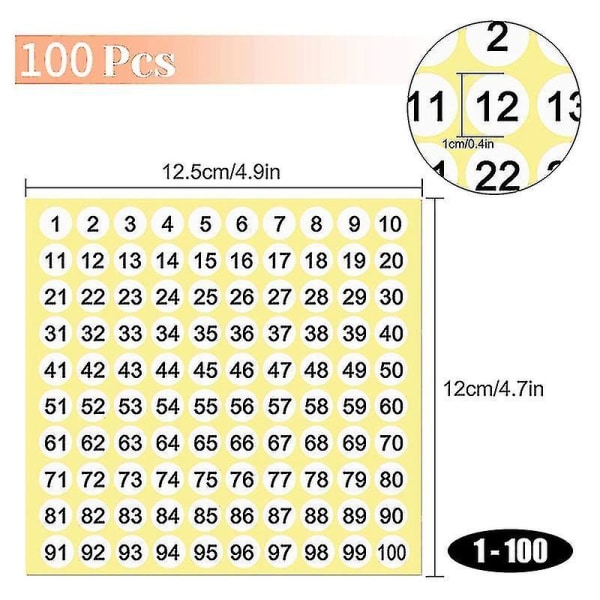 100 ark Nummeretiketter S 1-100 numre Ro S 0,4 tommer Lille selvklæbende nummer