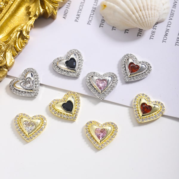 10 x klare hjertekrystaller med mini farget hjerte senter flat bak diamant strass kortfremstilling pynt til håndverk (rosa senter)