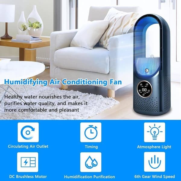 Luftkøler med LED-display, aircondition, luftfugter og elektrisk ventilator.