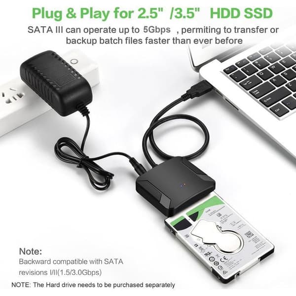 SATA til USB 3.0-adapter for 2,5\"/3,5\" SSD og HDD, UASP-støtte, 12V 2A strømforsyning, kompatibel med Windows/Mac/Linux